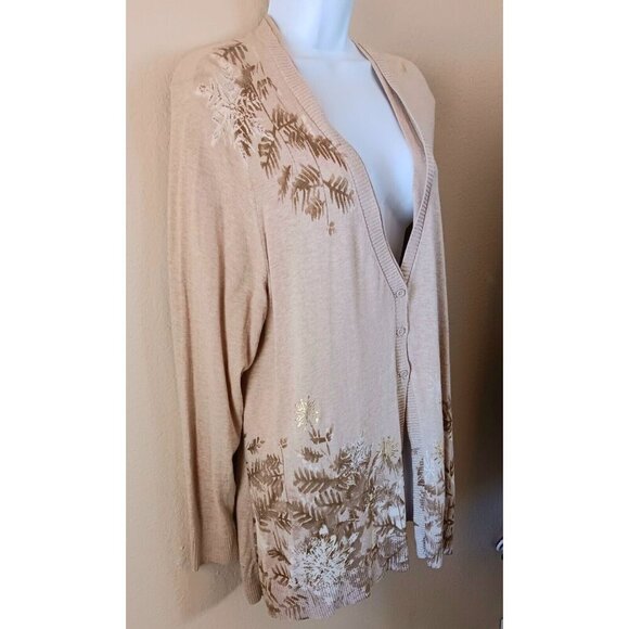 Snowflakes Winter Cardigan Sweater Gold Leaves Tan Holiday XXL - Picture 3 of 14